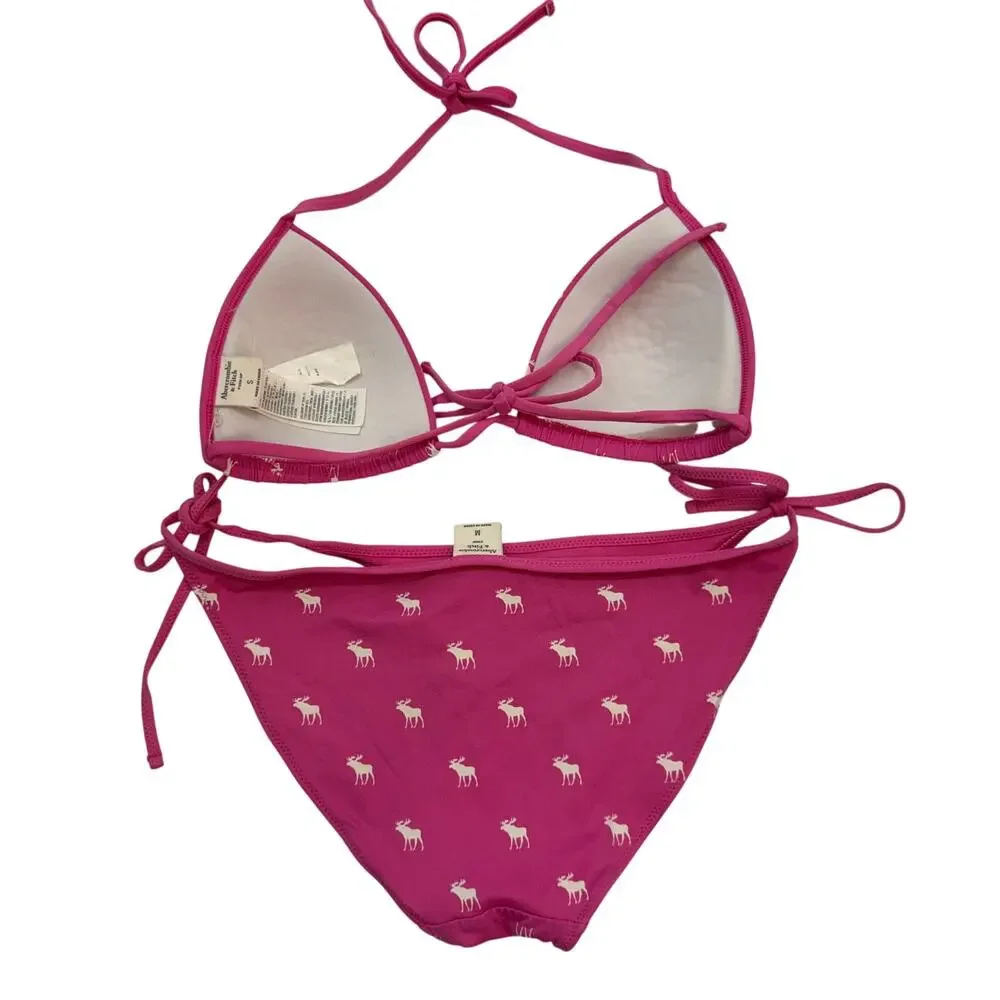 Vintage Y2K 2000s Abercrombie Pink Moose Print Bikini Swimsuit S/M